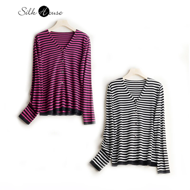 2024 Women's Autumn New 70% Natural Mulberry Silk 30% Cotton Blended Black and White Striped V-neck Long Sleeve Cardigan