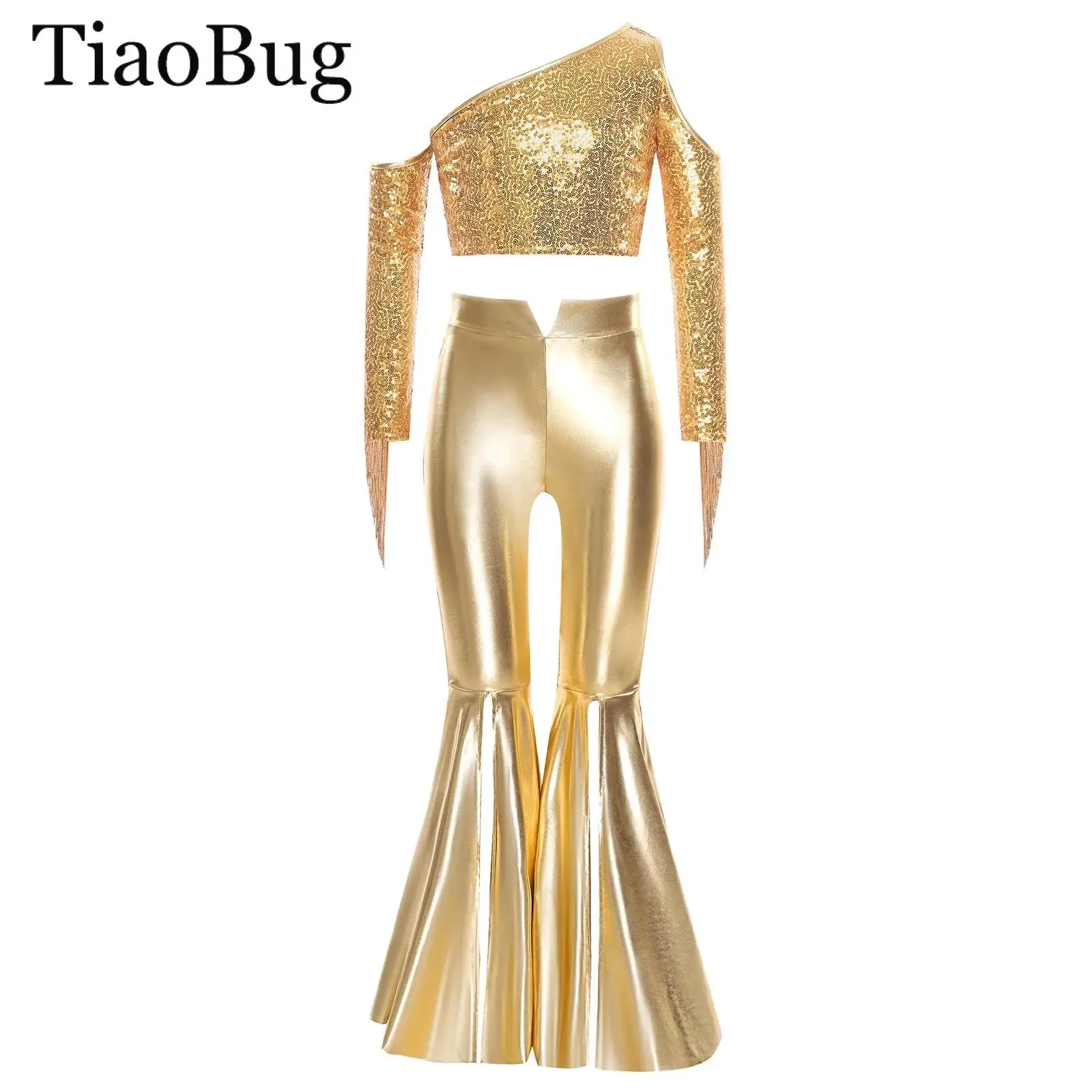

Girls Metallic 70s Hippie Disco Jazz Dance Costume Outfit One Shoulder Tassel Shiny Sequin Crop Top with Split Bell-Bottom Pants