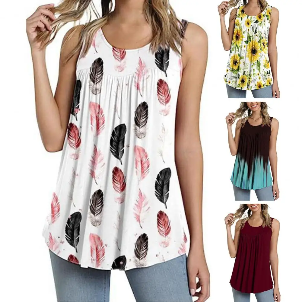 Tops elegantes com gola redonda para mulheres, regatas femininas sem mangas, estampa floral com coração plissado, bainha plissada solta, verão