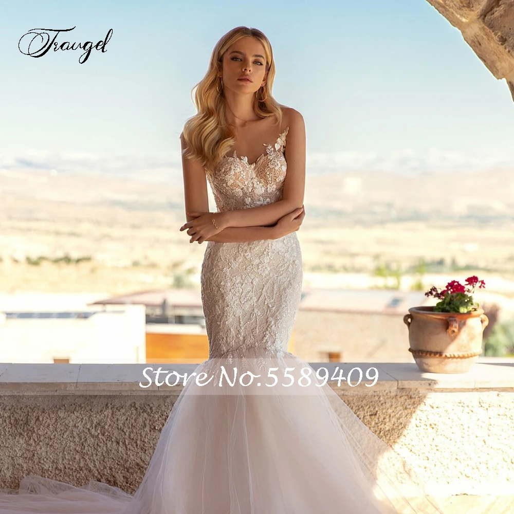 Traugel Sexy Illusion Scoop Neck Lace Mermaid Wedding Dresses Exquisite Applique Beaded Button Court Train Trumpet Bridal Gown