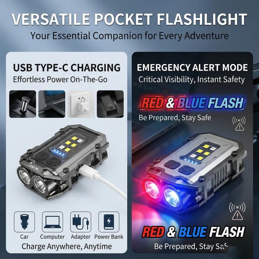 

Портативный фонарик XTE&COB, 1 шт., сверхъяркий, 2 светодиода, магнитный, с клипсой, красный/синий стробоскоп, многофункциональный, для повседневного использования на улице, TIP0019