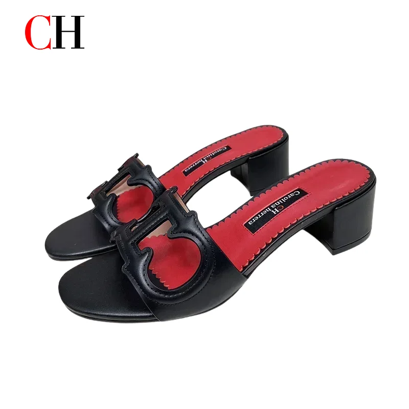 CH Cutout Design Elegant Office Low Heeled Women's Sandals Minimalist Style Crystal Women's Home Slippers