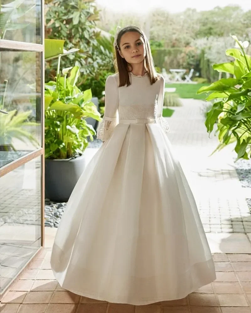 Lace Satin Flower Girl Dresses Elegant O-Neck First Communion Wedding Party Formal Occasion Customized Clothing