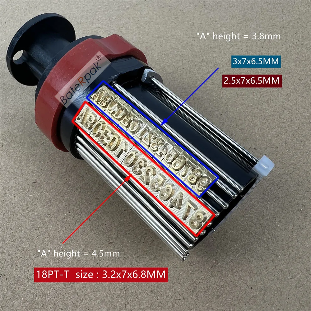 Baterpak dk1100 sólido máquina de codificação de tinta buraco letras de bronze 2.5x7x6.5mm, 18pt-t data cartas 3.2x7x6.8mm