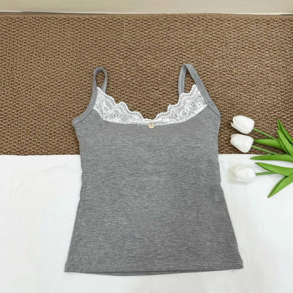 

Sweet Sexy Lace Lace Strap Vest Pure Color Slim Fit V-Neck Top Tank Top Outerwear