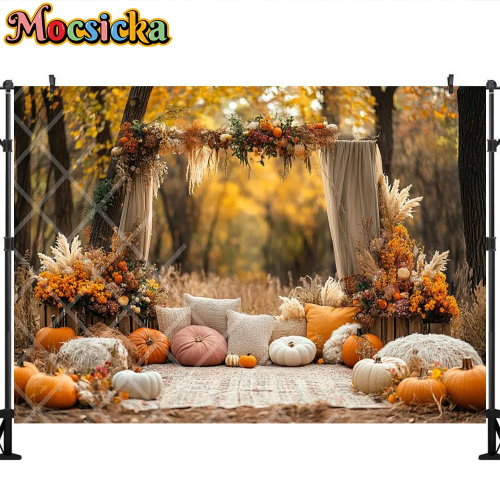 Mocsicka Photography Backdrop Boho Pumpkin Curtains Decoration Children's Autumn Portraits Photo Backgrounds For Photographs