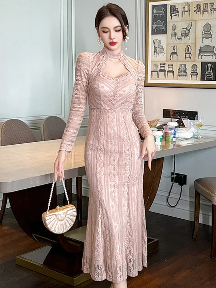 

New Spring Lace Sweet Evening Long Fishtail Dresses Women Clothing Chic Sexy Hollow Slim Party Dress Robe Mujer Autumn Vestidos