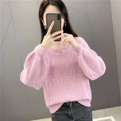 Maglione di perle maglione rosa cappotto bianco maglione lavorato a maglia Burberry carino top vestiti in stile coreano maglione oversize o-collo pullover