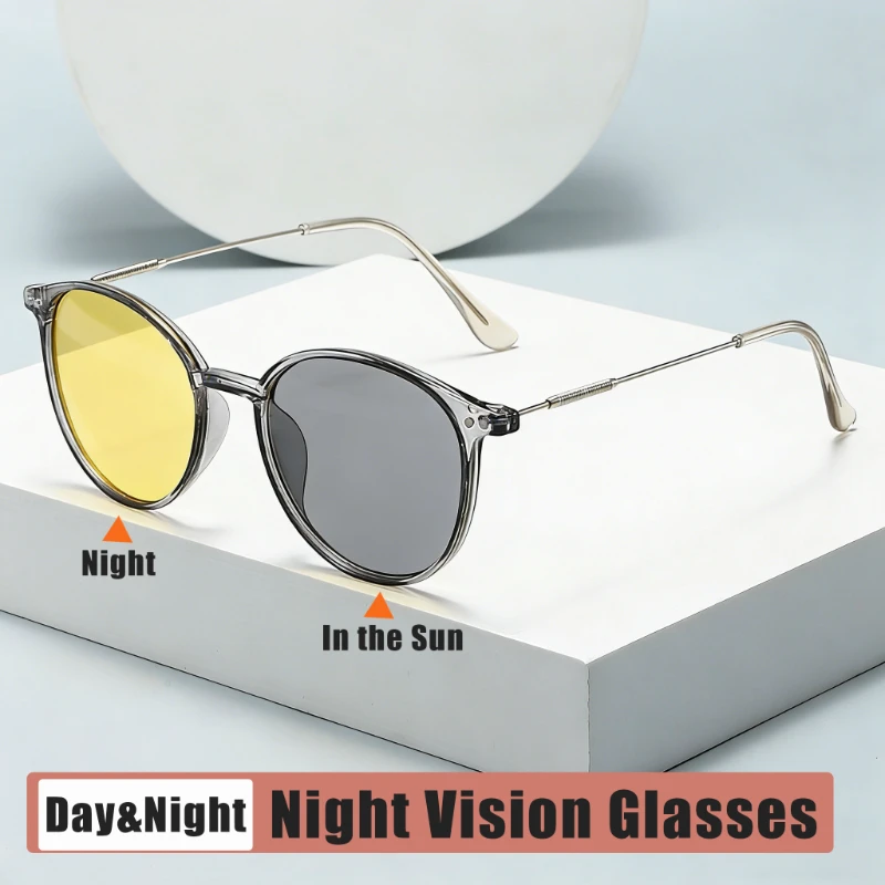 

Day & Night Dual-Use Night Vision Glasses Photochromic UV-Protective Eyewear Retro Round-Frame Anti-Glare Driving Glasses