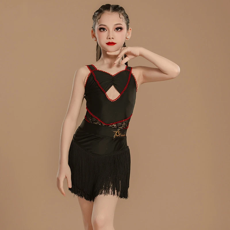 

Dance Tianjiao Latin Dance Dress Tassel Practice Strap Butterfly Bow Flower V-neck Female Children