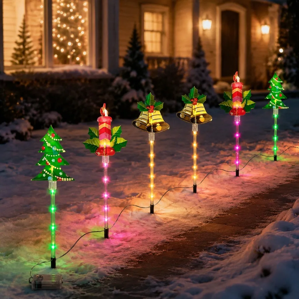 6pcs Christmas Ground Stake Lights Candle/bell/Tree Shapes, 8 Lighting Modes; Ideal for Garden Paths and Christmas Decor