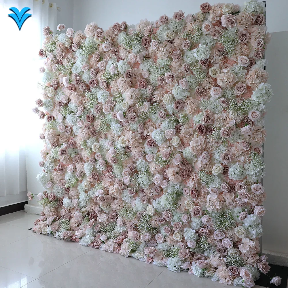 

Wedding Flower Wall Backdrop 8ft X 8ft White Baby Breath Pink Fabric Rose Artificial Flower 3D Wall for Decor Roll up Panel