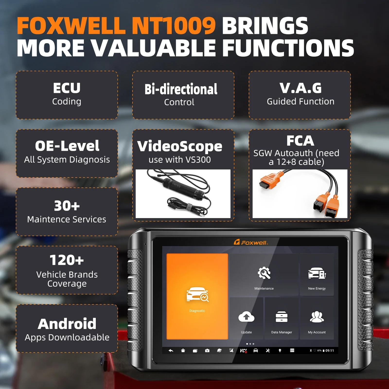 FOXWELL NT1009 Bluetooth OBD2 Car Diagnostic Tools CAN-FD/DOIP All System 35+ Reset Bi-directional ECU Coding OBDII Scanner