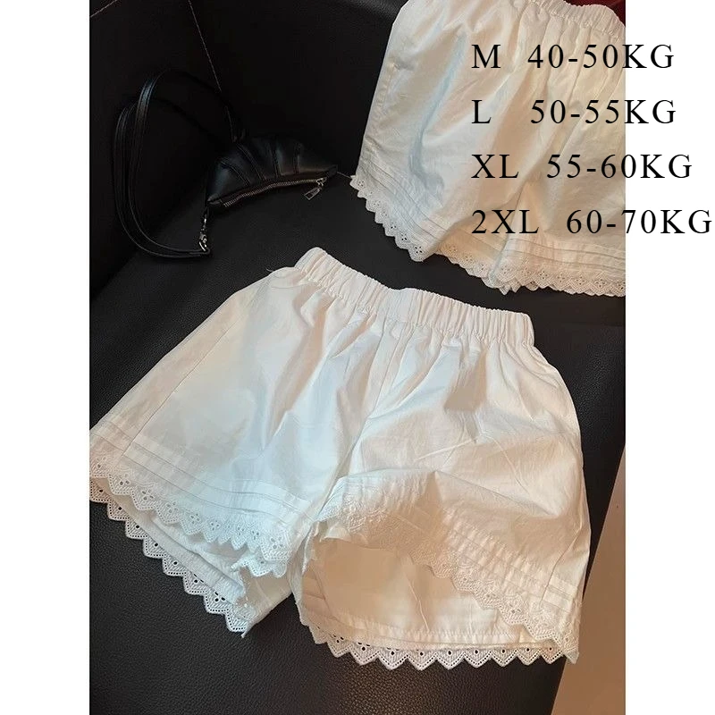 White Lace Trim Patchwork Casual Shorts for Women's High Waisted Wide Leg Vacation Beach Pants Loose Thin Bottoms Home Shorts