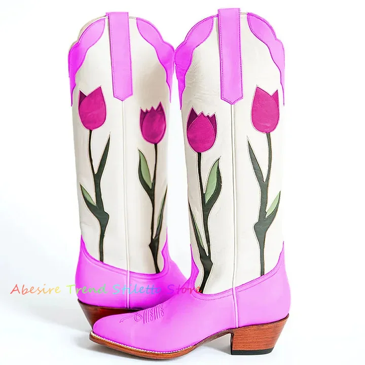 Pink Flower Print Embroidered Chunky Heel Knee High Boots Ladies Leather Wooden Heel Summer New Trending Girls Boots