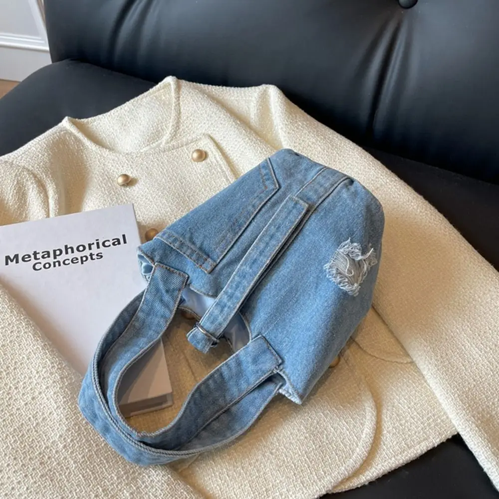 대용량 데님 버킷백 핸드백 토트백 (휴대폰 포켓, 구멍 있는 숄더백, 캔버스 도시락 가방 포함) 여성용