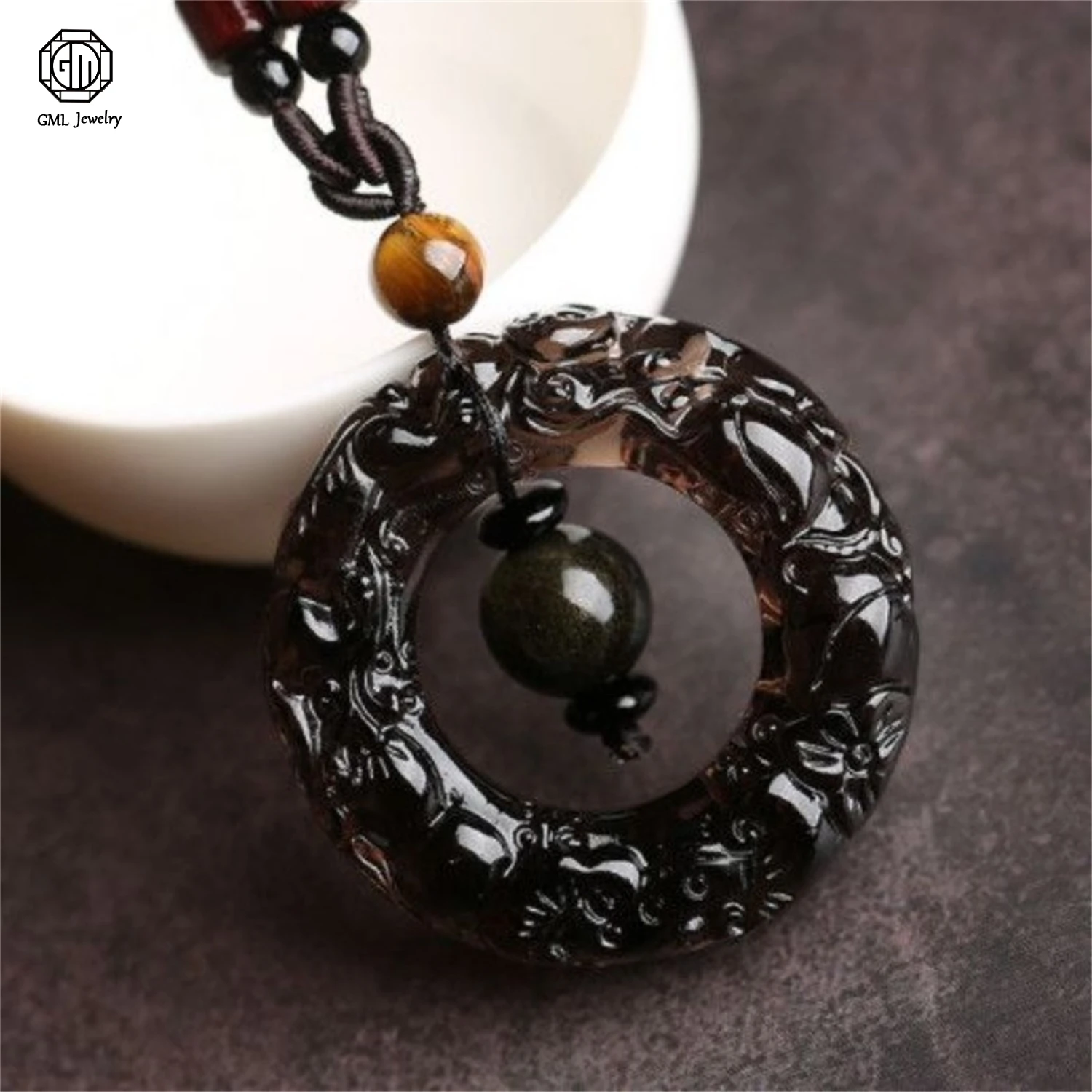 Real Natural Obsidian Double Side 3D Pixiu Fortune Circle Pendant Unisex Lucky Protection Amulet for Men Women Gift Energy Stone