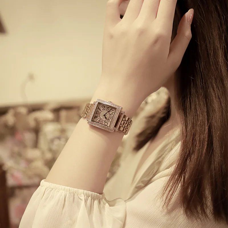 ساعة نسائية كلاسيكية مربعة ، الماس الكامل ، عالية الجودة ، الكوارتز ، الفاخرة ، العلامة التجارية العليا ، الأصلي ، مثلج خارج ، الفولاذ المقاوم للصدأ ، على مدار الساعة