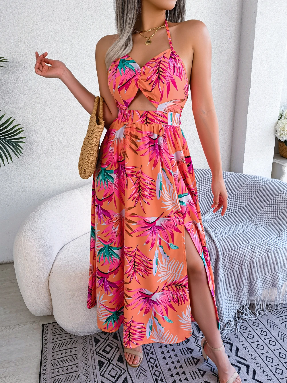 Women Summer Casual Floral Print Halter Long Dress