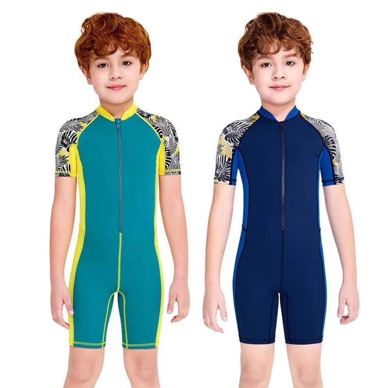 One-Piece Quick Drying Summer Boys Swimwear Children Swimsuits Kid Short Sleeve Sun Protection (including swimming caps)