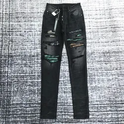 men color paisley ribbed patch distressed skinny black jeans