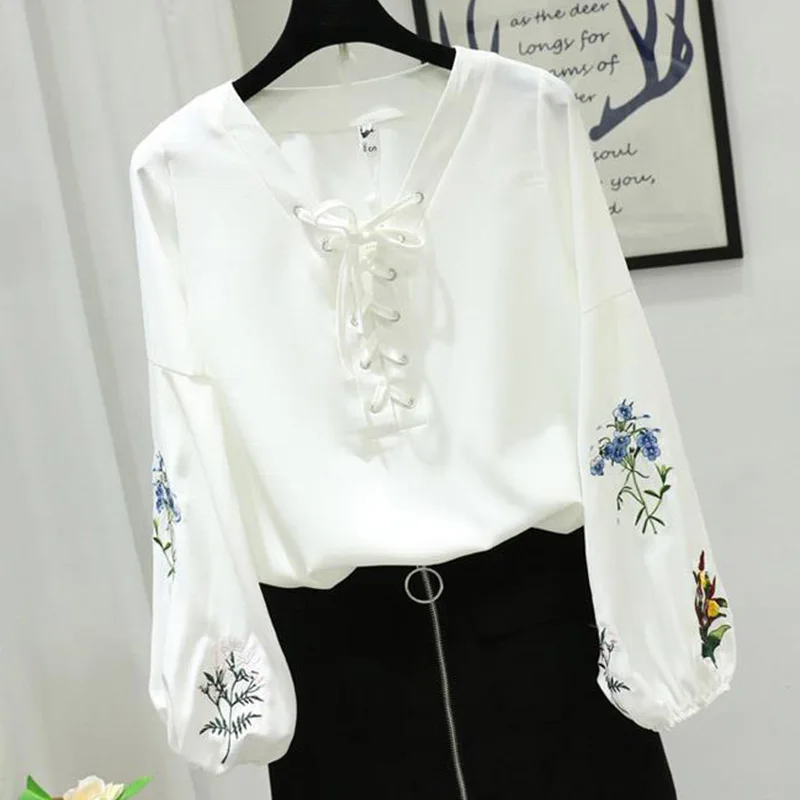 2024 neue Sommer einfarbig drucken elegante Mode Retro Büro Dame Damen hemd lose V-Ausschnitt Langarm Schleife Chiffon Chic Tops