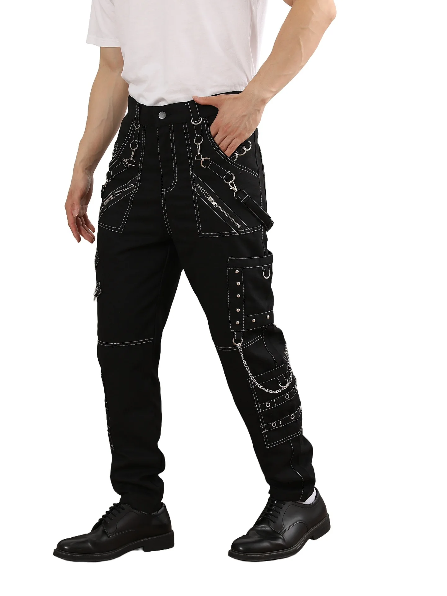 Men's High Street Gothic Punk Style Pants With Buckles And Chains Zippers Streetwear Festival Club Rave Trousers Big Size 40