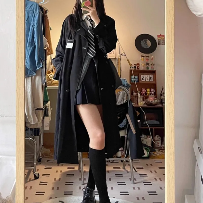 

Black Trench Coat for Women New Thin Mid-Length Small Japanese Style Students