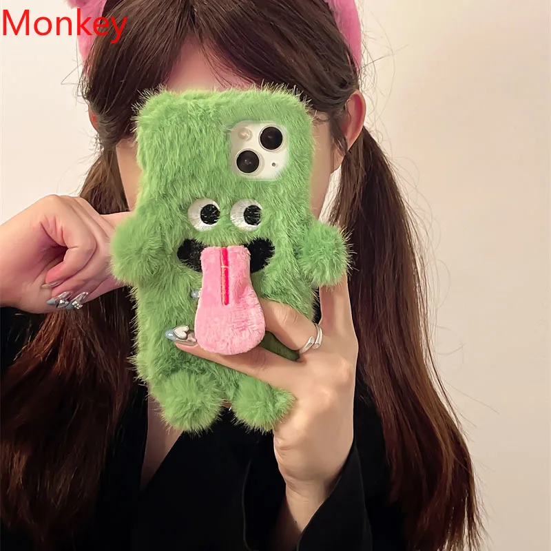 Cute Cartoon Lovers Funny Tongue Out Phone Case For Samsung S26 Ultra S25 A07 A17 A37 A57 M17E M16 M36 M56 Fluffy Fur Soft Cover