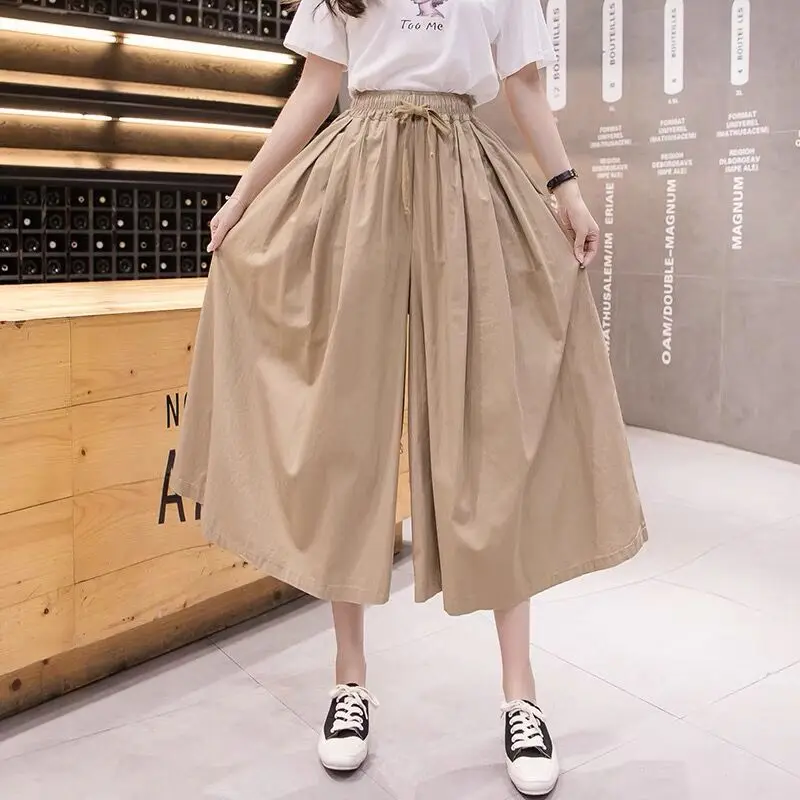 

Women Culottes Skirt Pants Cargo Wide Leg Draw String Elastic High Waist Trousers Lady Korea Fashion Chic Ins Loose Fit Pants
