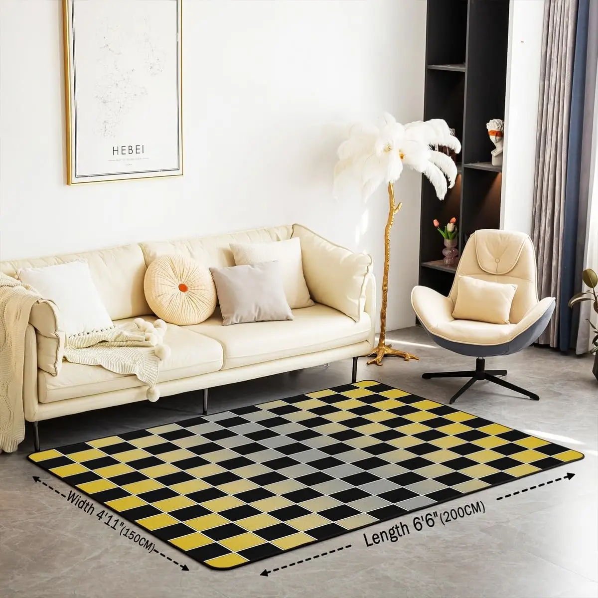 Geometric Plaid Area Rug Yellow Grey Ombre Rug for Bedroom Living Room Aesthetic Checkered Carpet Decor Gradient Black Gingham
