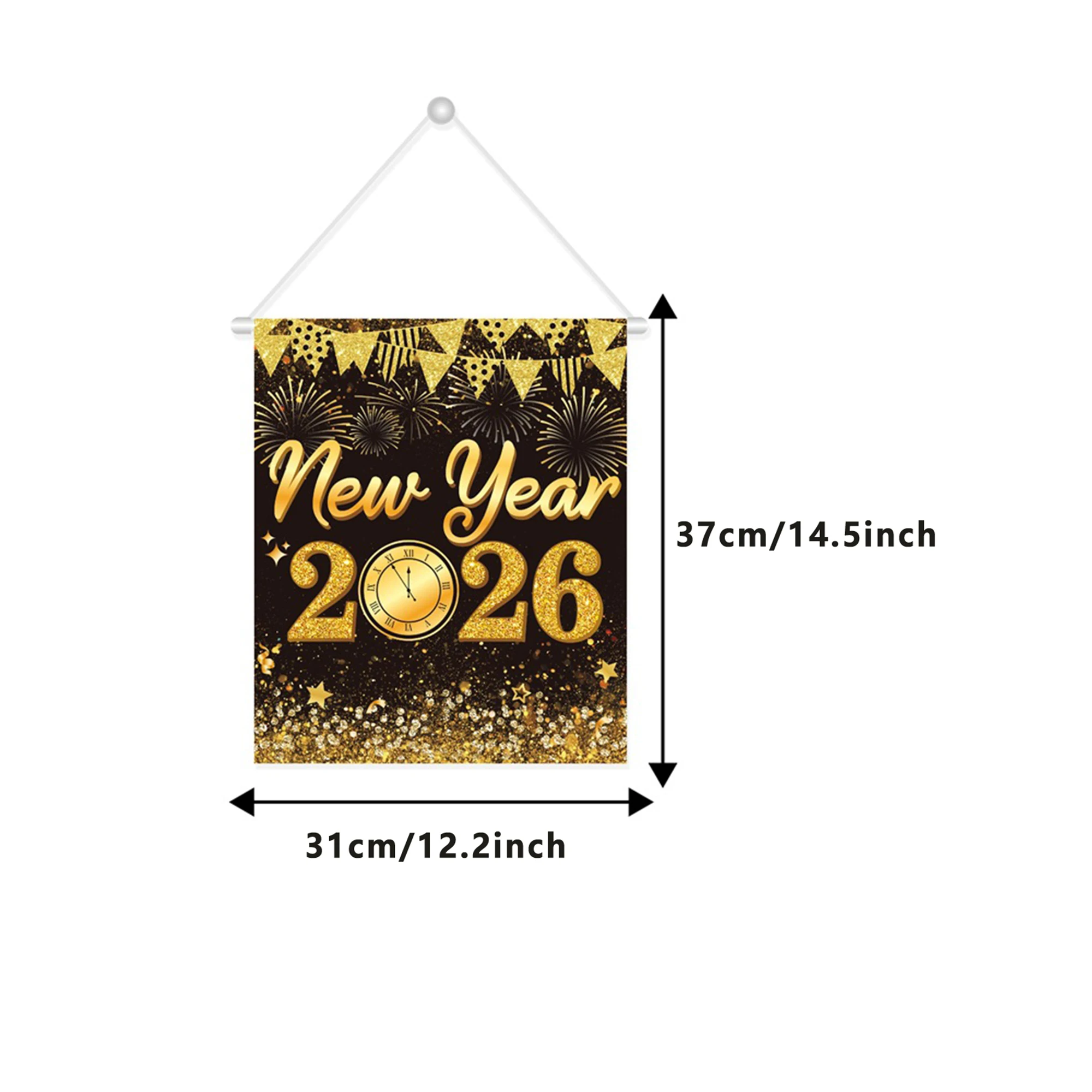 2026 زينة السنة الجديدة الذهب الأسود سنة جديدة سعيدة لافتة الباب ديكور معلق لقضاء عطلة حفلة احتفال المنزل احتفالي #2