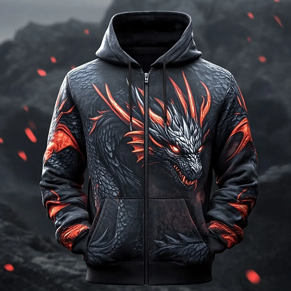 موضة ثلاثية الأبعاد التنين نمط الرجال هوديس مضحك الحيوان طباعة مقنعين زمم بلوزات اليومية معطف غير رسمي ملابس Y2k المتضخم #1