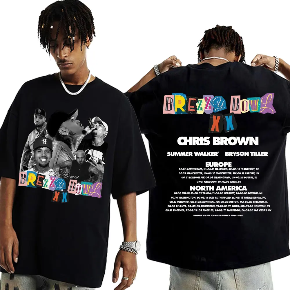 

2025 Chris Brown Tour Breezy Bowl XX Album Tour Summer 100% Pure Cotton T-shirt Men's Harajuku Hip Hop Street High Quality Y2K
