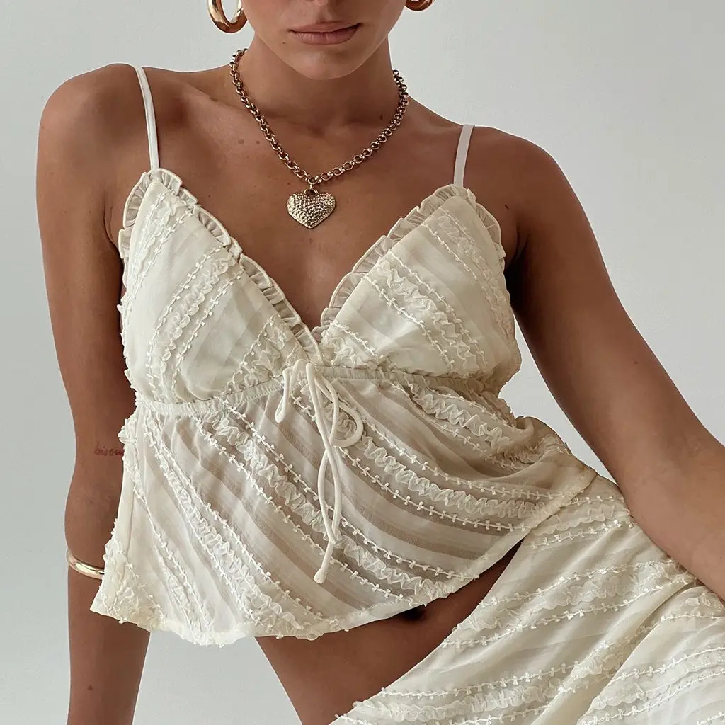 Women Y2K Beach See-through Ruffled Trim V-Neck Vest Bow Tied Adjustable Shoulder Straps Backless Crop Tops Camisoles