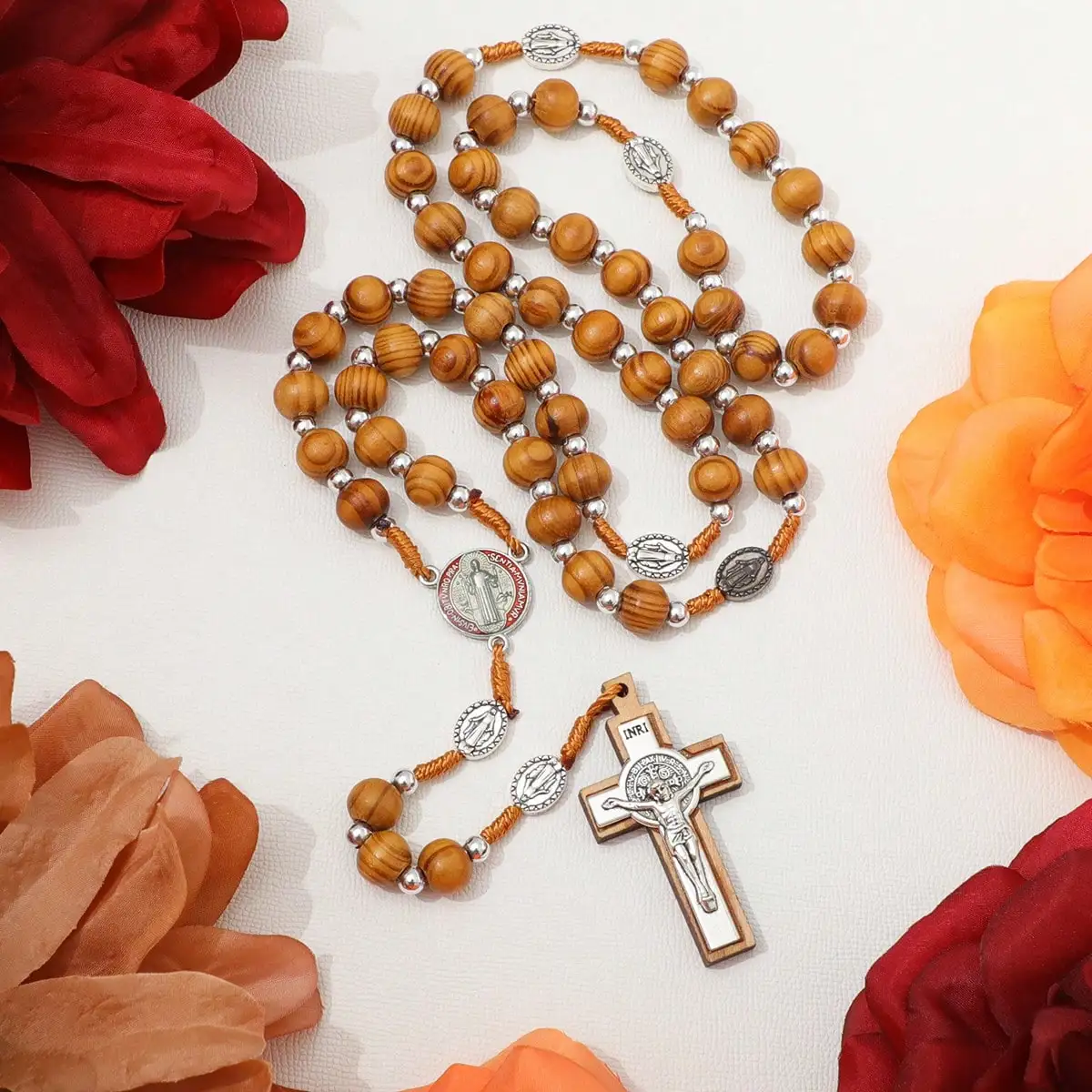 10MM Wood Rosary Beads Necklace For Women Men Catholic Jesus Christ On INRI Cross Crucifix Pendant Long Chain Religious Jewelry