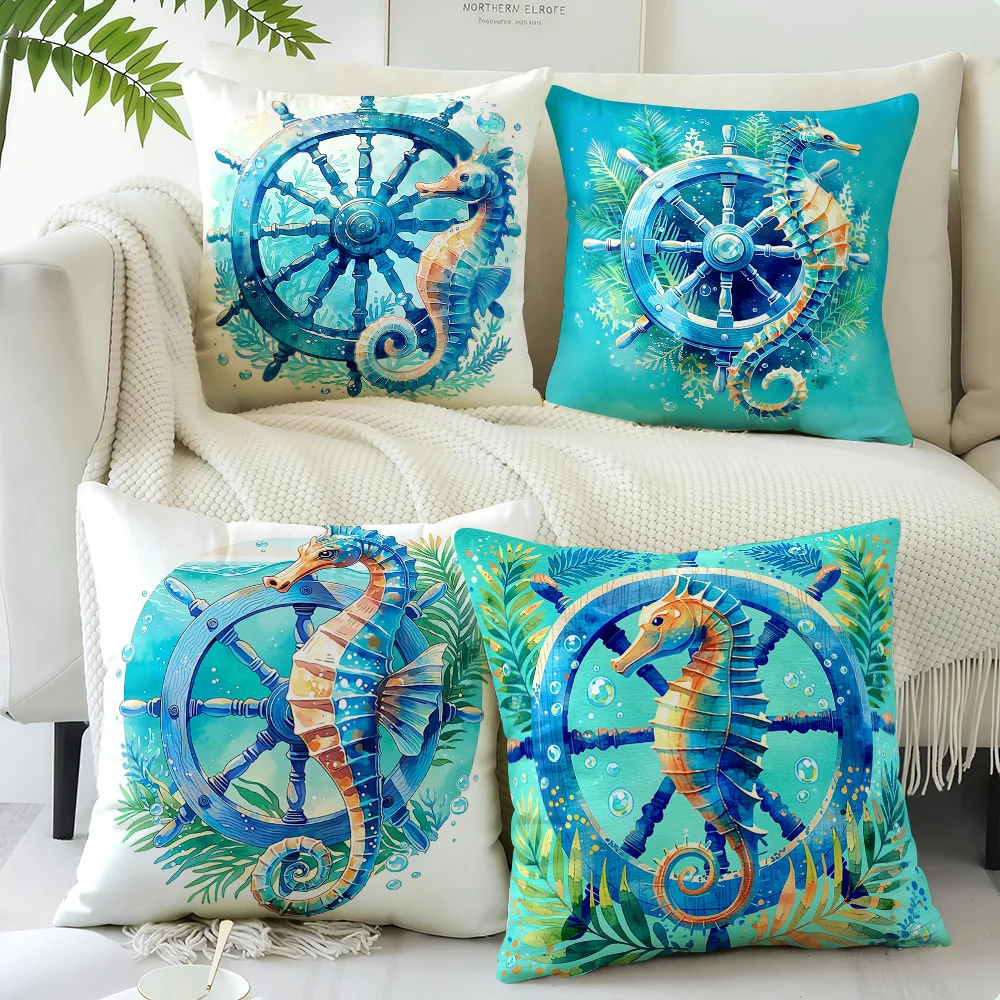 

Наволочки в морском стиле, красочные чехлы для подушек с принтом морских коньков и рулей кораблей, уютный декор для дома, для спальни и гостиной