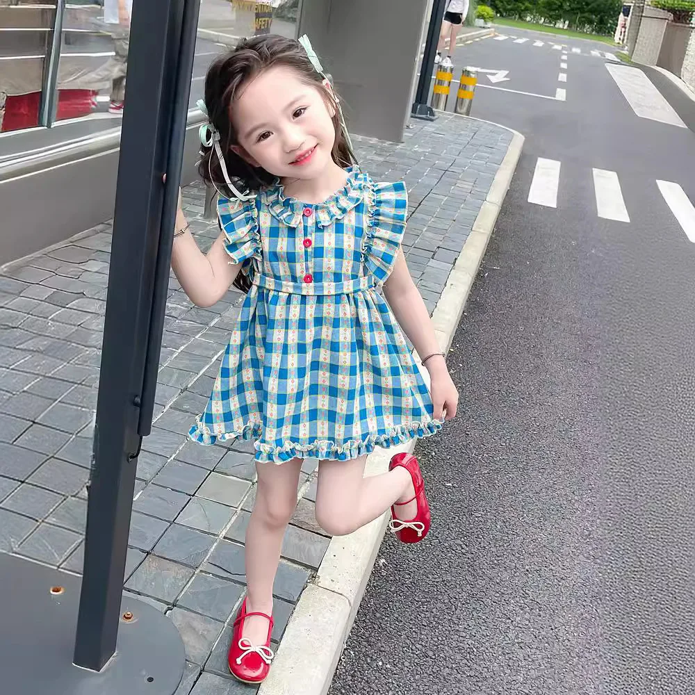 Baby Plaid Vest Skirt Medium and Small Children's Small Flying Sleeve Dress 2024 New Foreign Summer Casual Girls Skirt