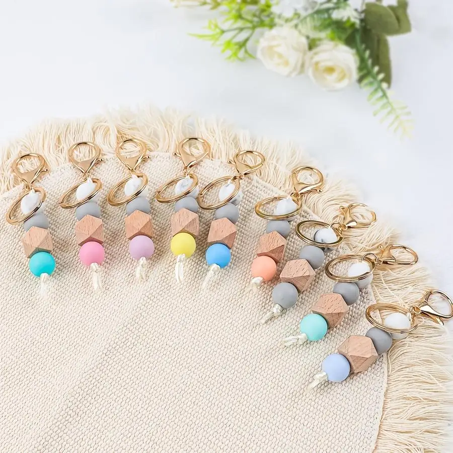 1/5/10/20/50/100pcs A simple and stylish solid-color marble pattern handmade beaded keychain with tassel, suitable for bags, car