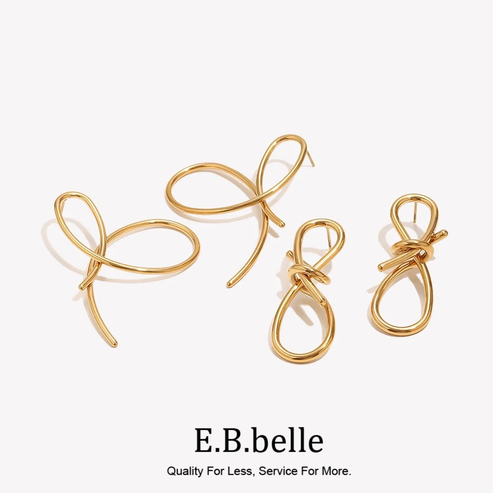 E.B.belle Minimalistische Ohrstecker mit dünnem Draht und Schleifenknoten, 18 Karat vergoldete Edelstahl-Ohrringe für Damen, Modeschmuck, Geschenk