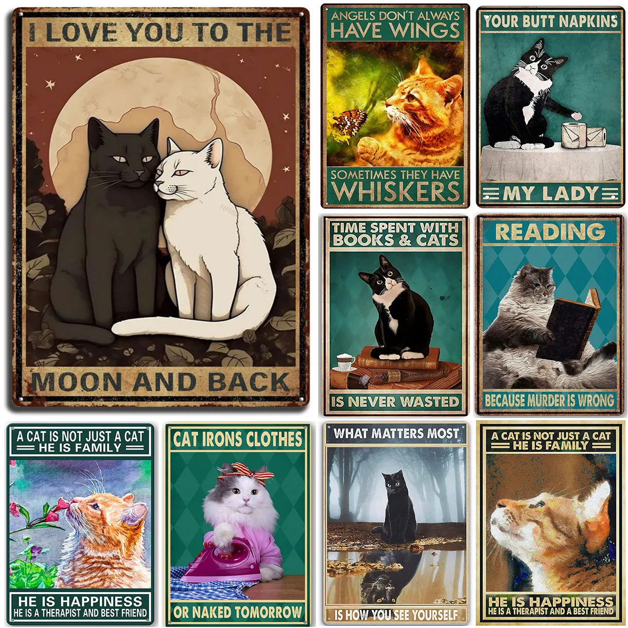 Cats Decor Funny Metal Tin Signs I Love you to the moon and Back Cat Posters for Home Bathroom cafe Pub Bar Gifts for Cat Lovers