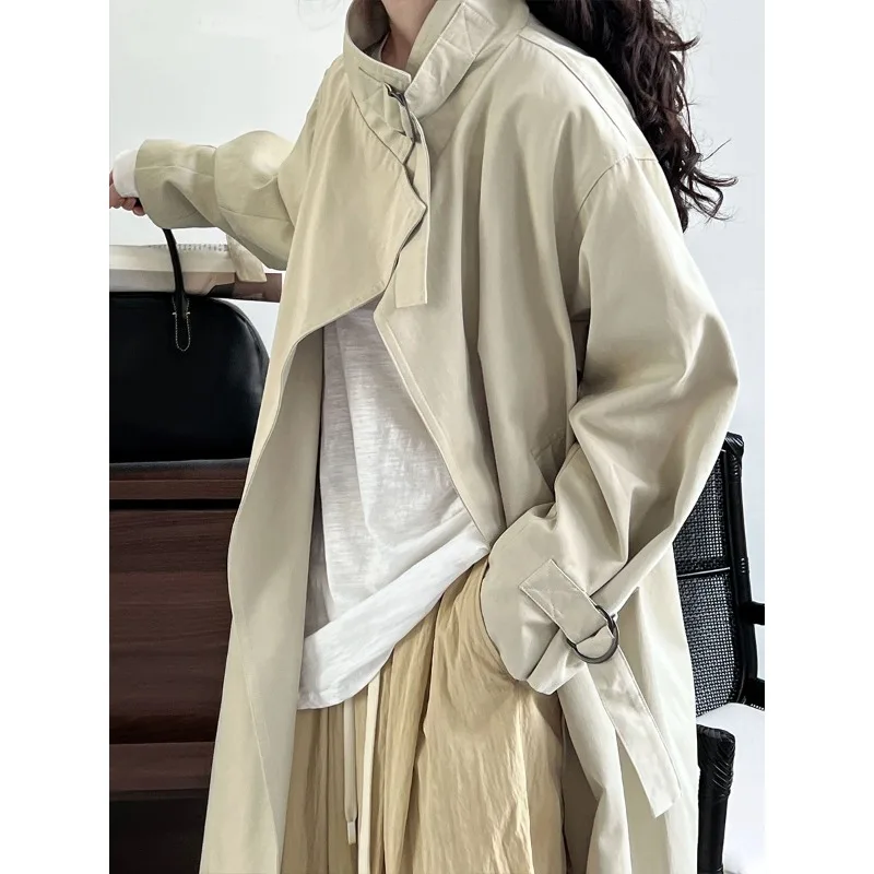 

Spring Autumn Elegant Simple Trench Coat Women Light Luxury High Street Long Windbreaker with Belt Apricot Black Vintage Jacket