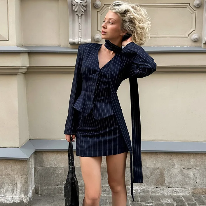Autumn Winter Retro Navy Blue Striped V-Neck Waist-Cinching Blazer Short A-Line Skirt Women's Fashion Casual Two-Piece Set