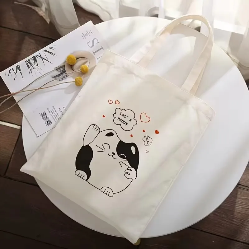 Cute Happy Cat Canvas Tote Bag Cartoon Black White Kitten Heart Print Shoulder Handbag Casual Reusable Shopping Bag