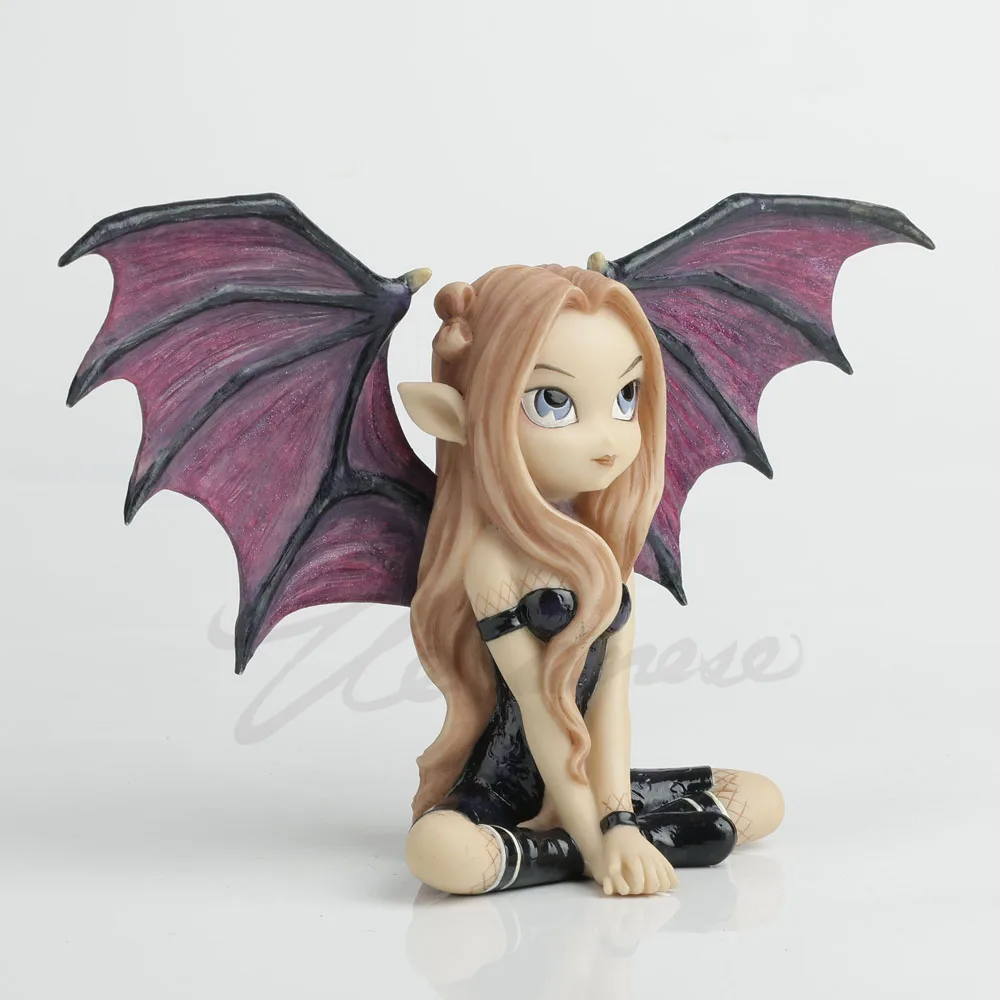 Cute Gothic Devil Fairy Resin Figurine Bat Wings Elf Girl Statue Dark Style Home Desktop Decor Halloween Collectible Ornament