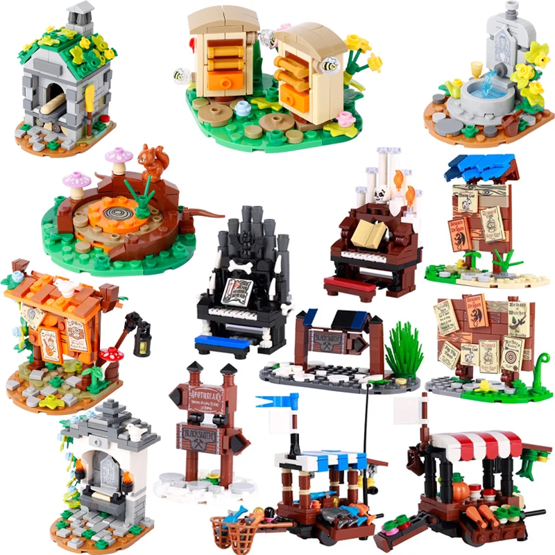 

Medieval City Building Block Bulletin Board Indicator Stall Fountain Hero Tombstone MOC Mini Model Bricks Toys Children Gift