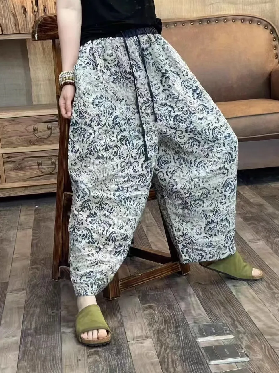 

Retro Distred Linen Print Wide Leg Pants Loose plus Size Dad Pants Casual Versatile Nine Point Pants for Women Summer 2025