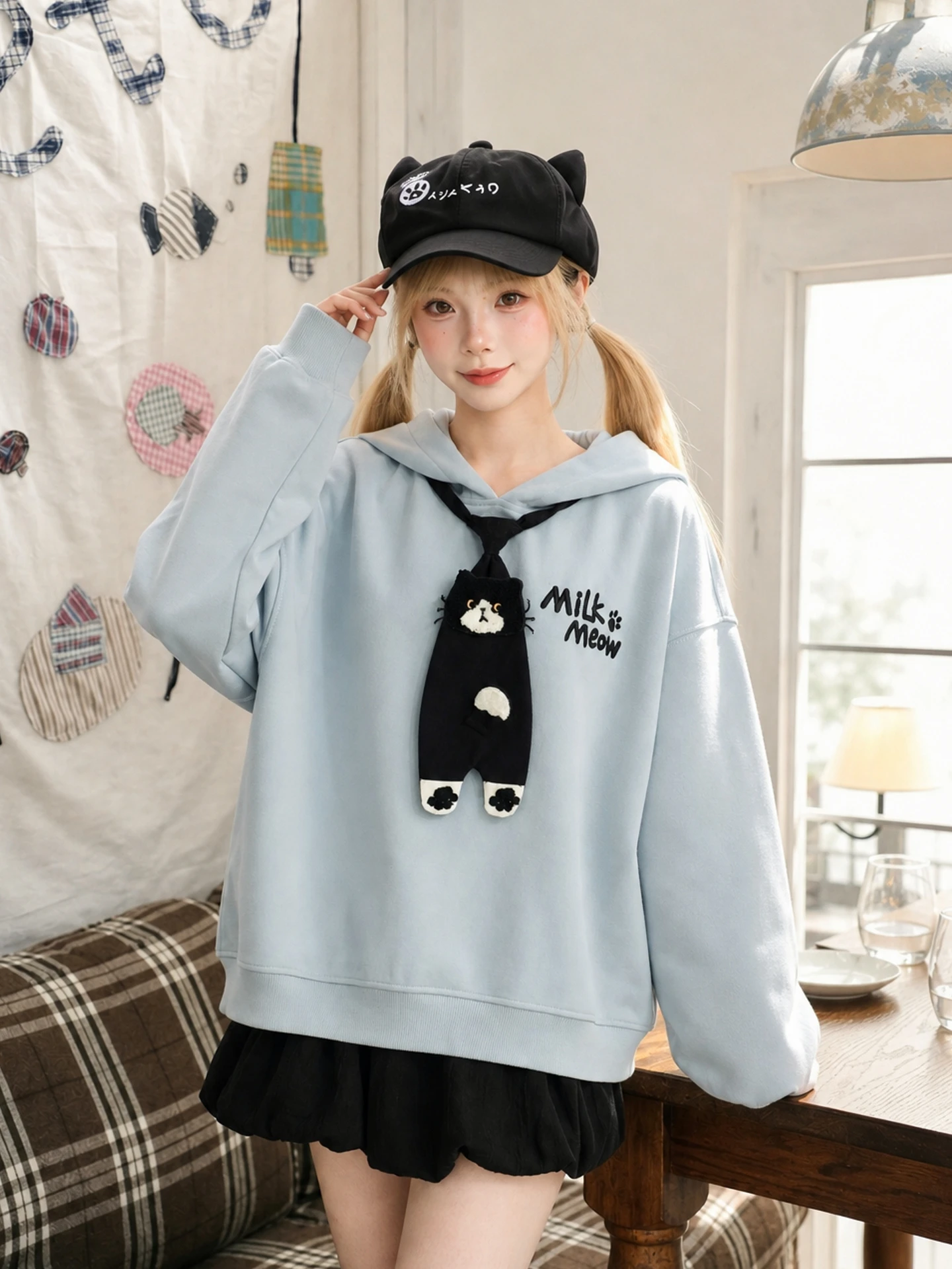 Sweet Style Long Sleeve Hoodie Women's Loose  Collar Pull over Top Autumn Fashion Casual Comfortable Cotton Polyester Blend