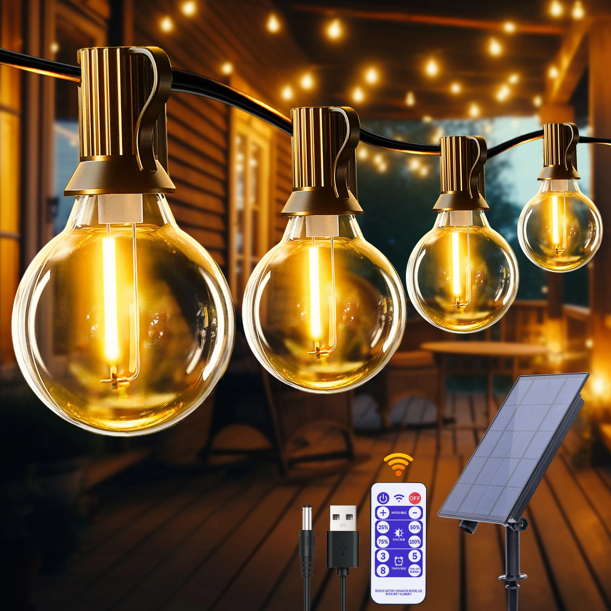 Łańcuchy świetlne na energię słoneczną Zewnętrzne oświetlenie tarasowe G40 z nietłukącymi żarówkami LED, odporne na warunki atmosferyczne lampy wiszące do bistro na podwórku