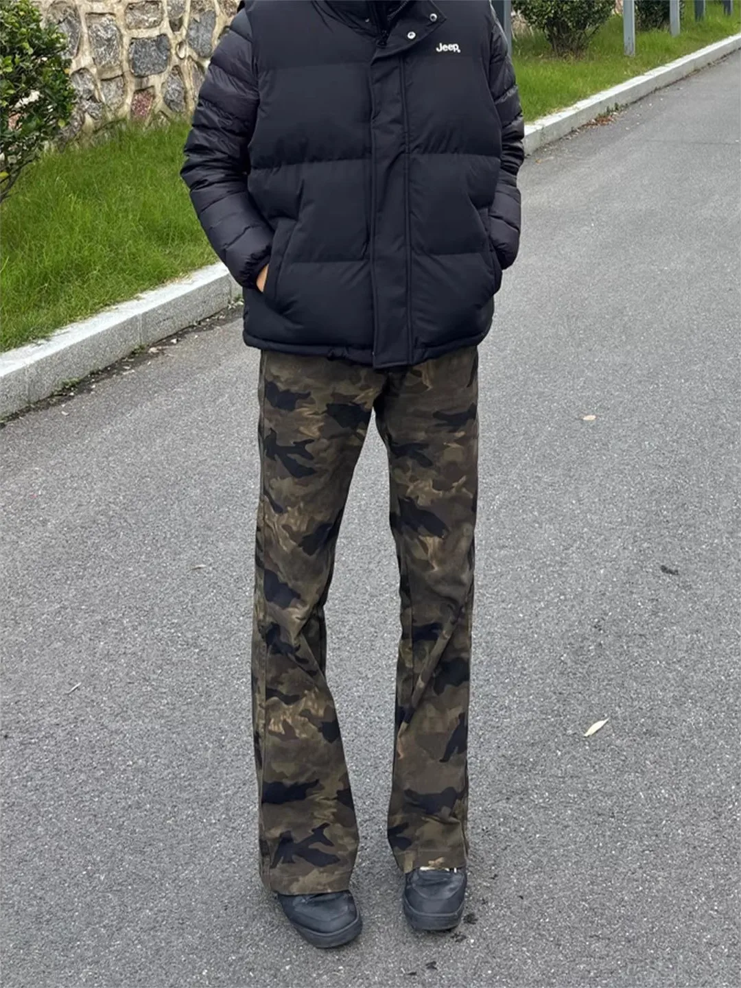 

Retro American Fce Lined Camouflage Men's Jeans High Street Sli Workwear Straight Leg Micro Flared Pants